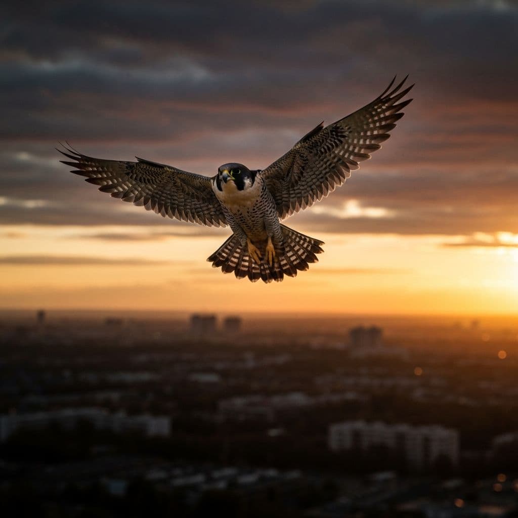 Halcón peregrino en vuelo al atardecer